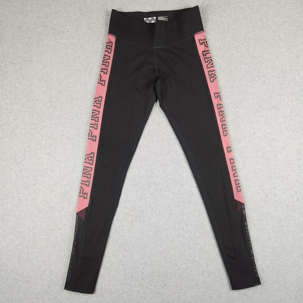 PINK Victoria's Secret Ultimate Leggings XS Black Pink Logo Side‎ Stripe Mesh